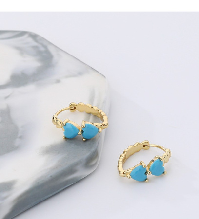 Cercei argint - Cercei Din Argint 925 Gold Turquoise Double Heart Hoops