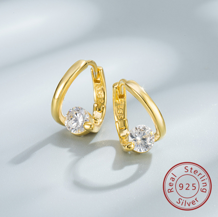 Cercei argint - Cercei din Argint 925 Golden Solitaire Hoop – Lux Modern și Linii Fluide
