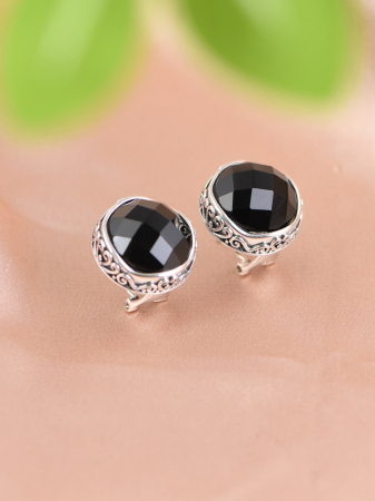 Cercei argint - Cercei din Argint 925 „Gothic Elegance” – Cu Agat / Onix Negru Fațetat și Model Filigran Vintage
