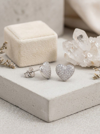 Cercei argint - Cercei din Argint 925 Inimă Pavați cu Zirconiu Sparkle Heart