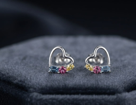Cercei argint - Cercei din Argint 925 „Pastel Heart” – Inimioare Decupate cu Cristale Multicolore, 1.25g