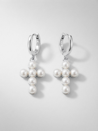 OUTLET - Cercei din Argint 925 Pearl Cross cu Tortițe Creole și Perle Elegante