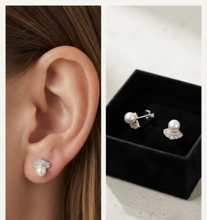 Cercei argint - Cercei din Argint 925 Pearl Fan – Eleganță regală și rafinament clasic