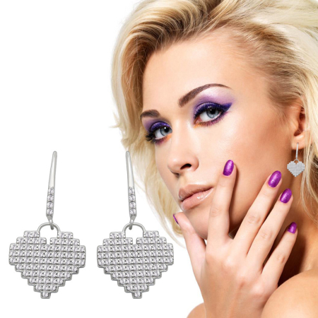 Cercei argint - Cercei din Argint 925 Pixel Heart cu Zirconiu – Strălucire modernă și stil retro