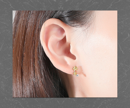 Cercei argint - Cercei din Argint 925 Placat cu Aur Galben – Model "Double Flower" cu Zirconiu