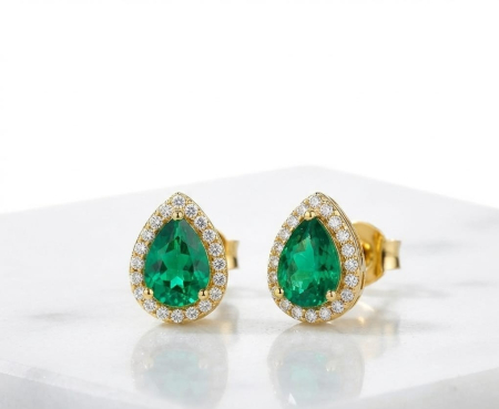 Cercei argint - Cercei din Argint 925 Placat cu Aur – Model Picătură Halo Verde Smarald și Zirconii, 1.64g