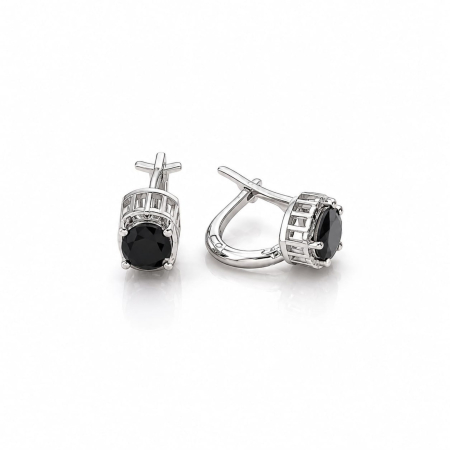 Bijuterii argint 925 - Cercei din Argint 925 Placat cu Rodiu – Solitaire Solid cu Zirconiu Negru și Galerie Decupată