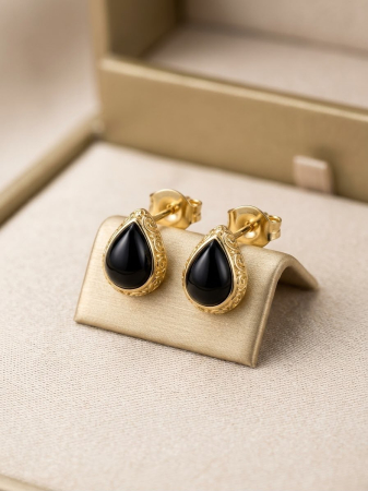 Cercei argint - Cercei din Argint 925 Placati cu Aur 14K – Model Lacrima cu Onix Negru