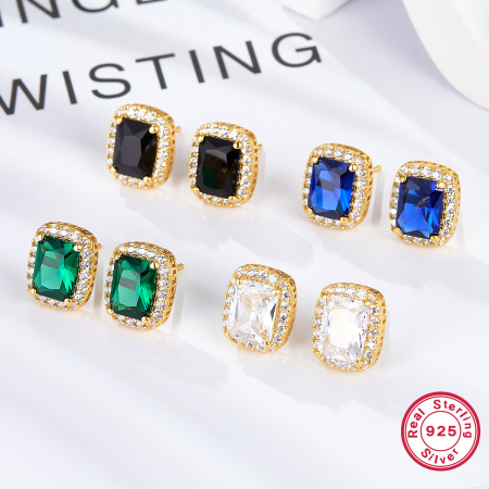 Cercei argint - Cercei din Argint 925 Placați cu Aur, Cristale Emerald Cut și Halo Zirconiu