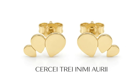 Cercei argint - Cercei din Argint 925 Placați cu Aur – Model Trei Inimi Aurii în Cascadă