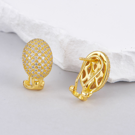 Cercei argint - Cercei din Argint 925 Placați cu Aur - Oval Pavé Luxe (Sistem Clips-Șurub)