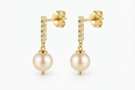 Cercei argint - Cercei din Argint 925 Placați cu Aur Seraphina Pearl, cu Perle și Zirconiu Cubic, 2 cm