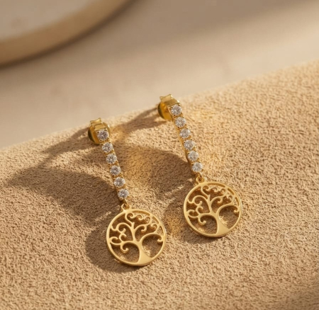 Cercei argint - Cercei din Argint 925 Placați cu Aur Tree of Life Sparkle 2cm – Eleganță simbolică și strălucire fină