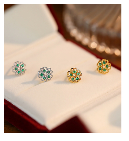 Cercei argint - Cercei din Argint 925 Rodiat – Emerald Floral Studs
