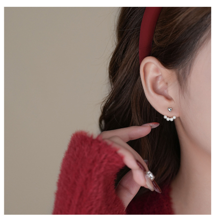 Cercei argint - Cercei din Argint 925 Rodiat – Model Ear Jacket "Heart & Pearl Arc"