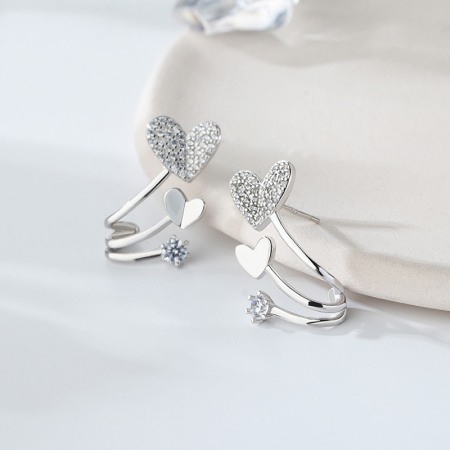 Cercei argint - Cercei din Argint 925 Rodiat Triple Heart cu Zirconiu