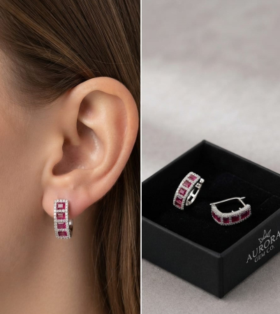 Cercei argint - Cercei din Argint 925 Ruby Baguette Hoops – Rafinament modern și sclipiri rubinii