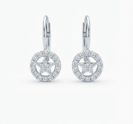 Cercei argint - Cercei din Argint 925 Stella Halo, cu Tortiță și Pandativ Stea cu Zirconiu, 18 mm