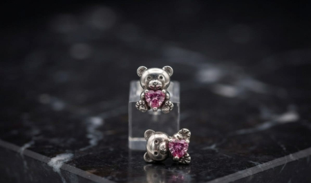 Cercei argint - Cercei din Argint 925 „Sweet Teddy Bear” – Ursuleți cu Inimă din Zirconiu Roz, 1.46g
