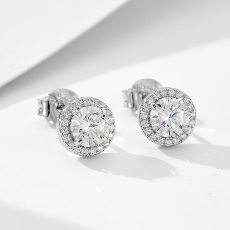 Cercei argint - Cercei din Argint 925 tip Stud Solitaire cu Moissanite / Zirconia și Halo Rotund, Închidere cu Șurub
