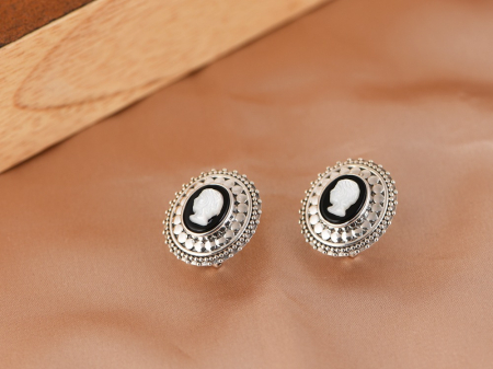 Cercei argint - Cercei din Argint 925 „Vintage Cameo” – Design Retro Circular cu Detalii Texturate și Email