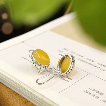 Cercei argint - Cercei din Argint 925 Vintage Sun Drop cu Chihlimbar Cabochon, 1.5 cm – Colecția Amber Glow
