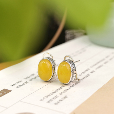 Cercei din Argint 925 Vintage Sun Drop cu Chihlimbar Cabochon, 1.5 cm – Colecția Amber Glow [1]