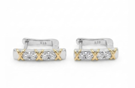 Cercei argint - Cercei din Argint 925 XOXO Huggie, Model Bicolor cu Zirconiu și Detalii Aurii, 4.45g