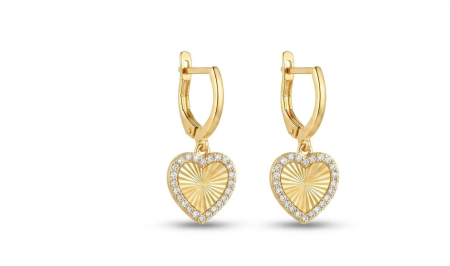 bijuterii aur - Cercei din Aur 14K "Radiant Heart" – Pandantiv Inimă cu Cristale și Textură Raze