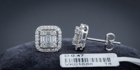 CERCEI AUR 14K CU DIAMANT NATURAL - Cercei din Aur Alb 14K cu 0.47 ct Diamante Naturale Cushion Cluster Halo F-G/SI
