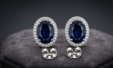 CERCEI AUR 14K CU DIAMANT NATURAL - Cercei din Aur Alb 14K cu Safir Oval Lab-Created 3.31 CT și Halo de Diamante Naturale 0.23 CT
