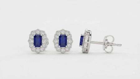 CERCEI AUR 14K CU DIAMANT NATURAL - Cercei din aur alb 14K cu safire naturale octogonale 0.65 ct și halo de diamante