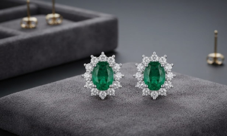 CERCEI AUR 14K CU DIAMANT NATURAL - Cercei din Aur Alb 14K cu Smarald Oval 0.91 CT și Halo de Diamante Naturale 0.09 CT
