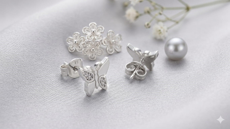 Cercei aur 14k surub - Cercei din Aur Alb 14K "Silver Butterfly" – Finisaj Satinat și Pavé de Zirconia
