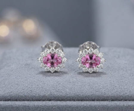 bijuterii diamant - Cercei din Aur Alb de 14K cu Safire Roz Ovale și Diamante Halo