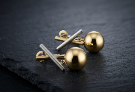 Cercei aur 14k - Cercei din Aur Bicolor 14K cu Design Avangardist, Sferă și Bare Geometrice – 2.2cm (3.4 gr)