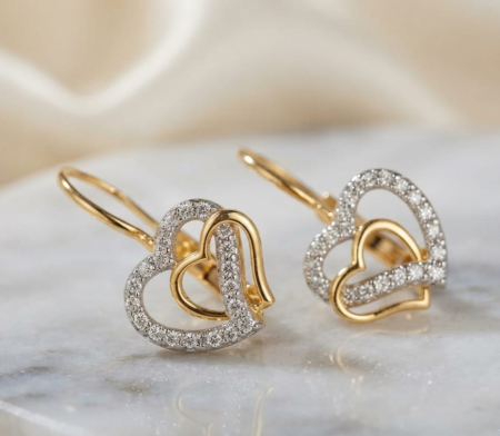 Cercei aur 14k - Cercei din Aur Bicolor 14K cu Zirconiu – Inimi Împletite în Strălucire