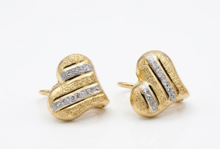 Cercei aur 14k - Cercei din Aur Bicolor 14K în Formă de Inimă Sablată cu Cristale,