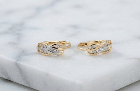 Cercei aur 14k - Cercei din Aur Bicolor 14K Model Infinit Împletit cu Cristale – 16mm (1.77g)