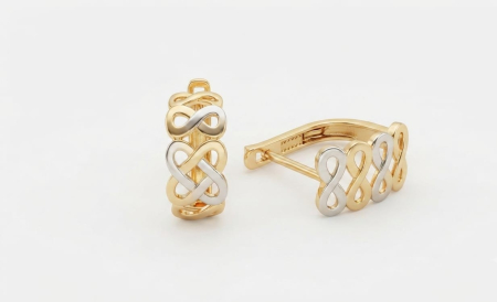 Cercei aur 14k copii - Cercei din Aur Bicolor 14K, Model Semiverigă cu Infinituri Împletite, 12 mm, 1.49 g