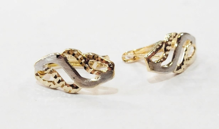 Cercei aur 14k - Cercei din Aur Bicolor 14K, Model Semiverigă Împletită cu Textură Satinată și Fațete Diamantate, 18 mm, 1.66 g