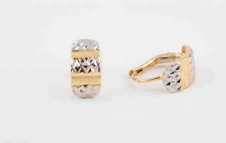 Cercei aur 14k - Cercei din Aur Bicolor 14K, Model Semiverigă Lată cu Benzi Orizontale și Tăieturi Diamantate, 18 mm, 1.65 g