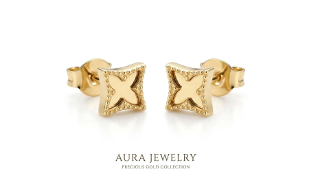 Cercei aur 14k surub - Cercei din Aur Galben 14K "Aura Clover Square" – Model Geometric Inspirat de Branduri de Lux