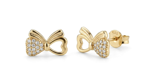 Cercei aur 14k surub - Cercei din Aur Galben 14K "Coquette Bow" – Model Fundiță Asimetrică cu Pavé de Zirconia