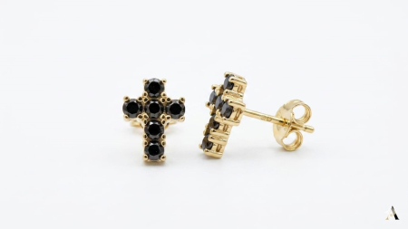 Cercei aur 14k surub - Cercei din Aur Galben 14K „Cruce” cu Zirconiu Negru