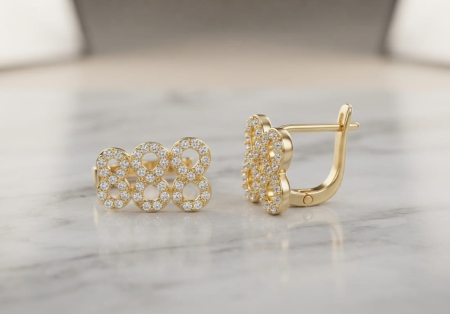 Cercei aur 14k - Cercei din Aur Galben 14K cu Design Cifrele 8 / Simbolul Infinitului și Halo de Pietre