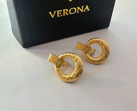 Cercei aur 14k - Cercei din Aur Galben 14K cu Design Circular și Textură Striată – Eleganță Retro-Modernă