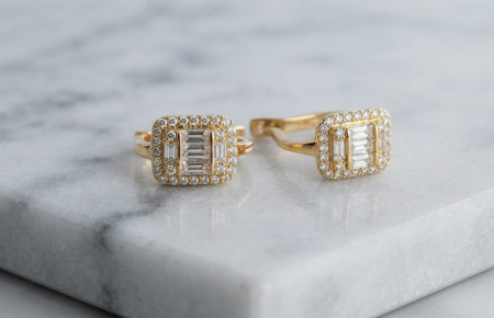 Cercei aur 14k - Cercei din Aur Galben 14K cu Design Rectangular și Pavaj de Cristale (2.68 gr)