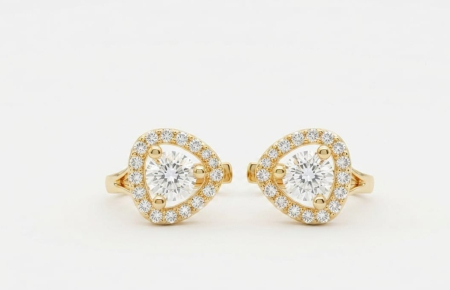 Cercei aur 14k copii - Cercei din Aur Galben 14K cu Design Trillion și Halou din Zirconii, Model Tortiță 10 mm, 1.43g