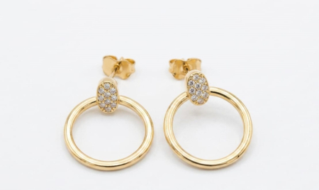 Cercei aur 14k - Cercei din Aur Galben 14K cu Element Oval Pavat cu Zirconiu și Cerc Mobil, 2 cm